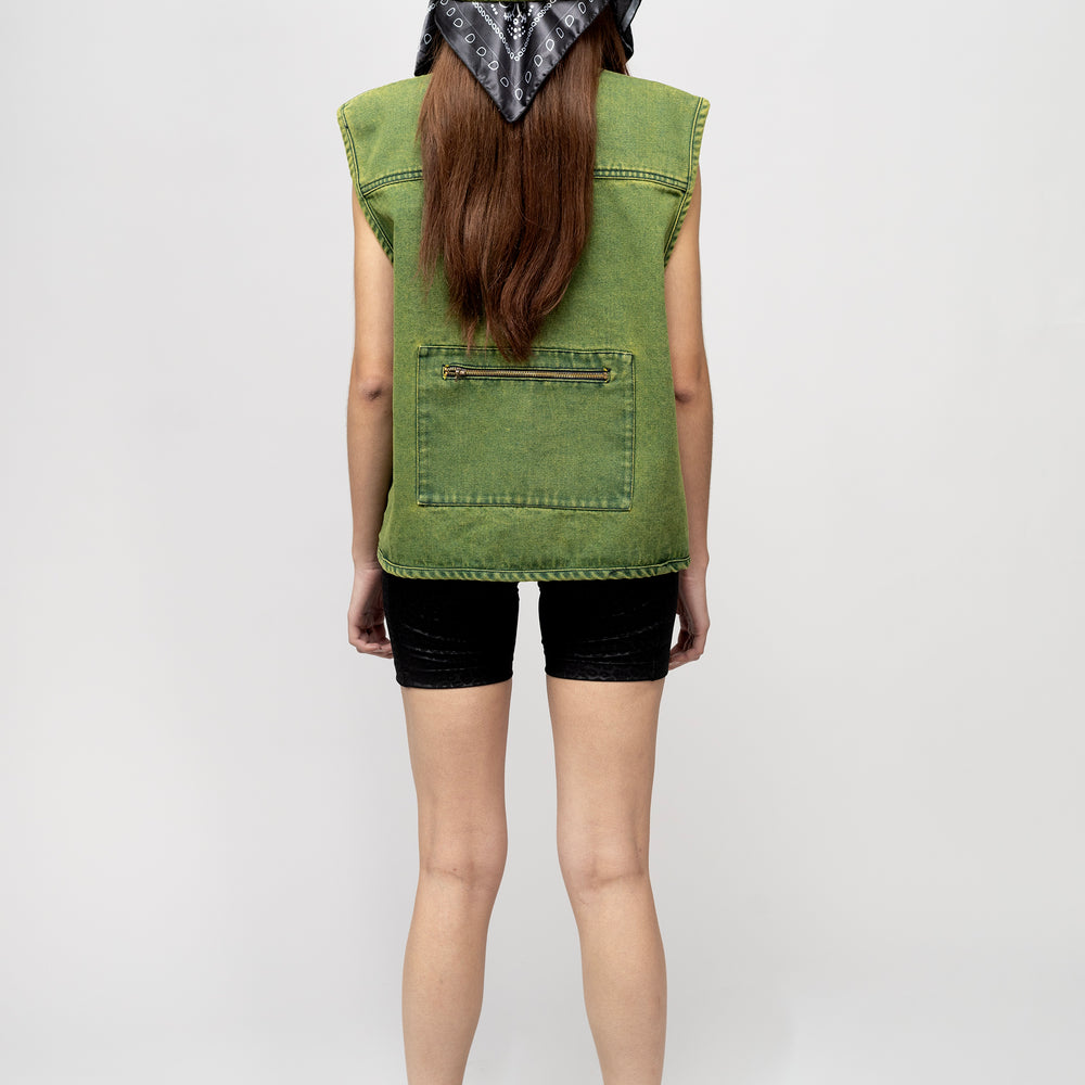 
                      
                        WASHED GREEN DENIM VEST
                      
                    